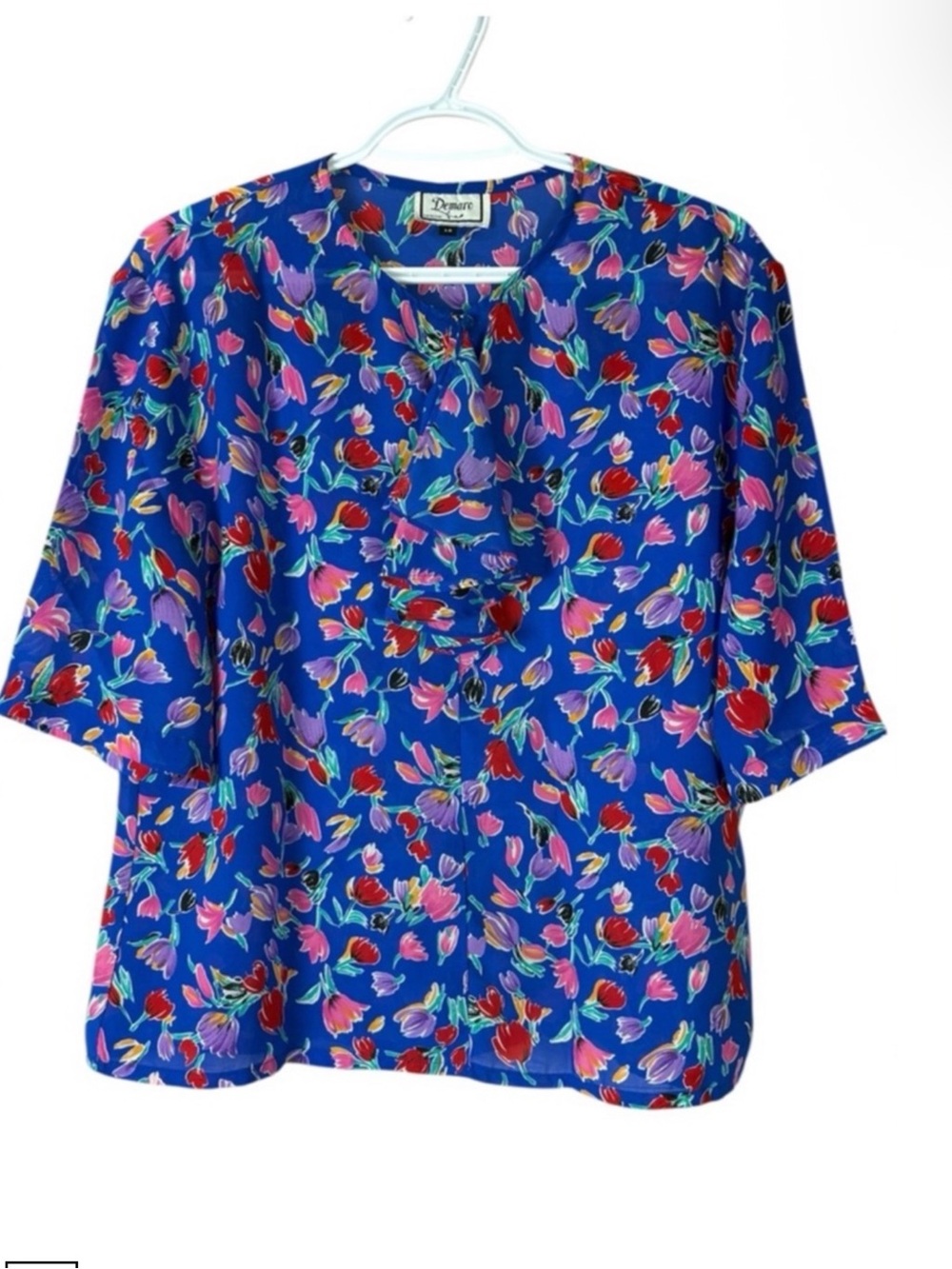 Vintage Royal Blue Floral Button-Front Blouse